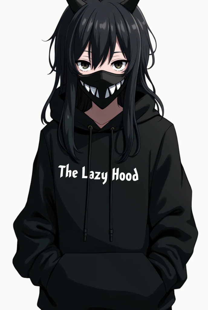 Anime boy with black hoodie white letters the lazy Hood with black hoodie long black hair Black eyes Black oni mask covering a quarter of his face Hands in pockets Detailed portrait of anime boy 