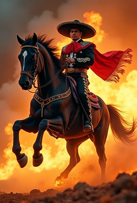 Mariachi riding a black horse with flames 