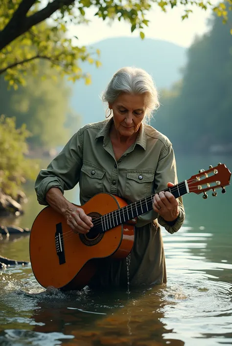 (best quality, masterpiece, ultra detailed, ultra high res, photorealistic, raw photo, absurdres, absolutely resolution), (((Unconventional grandma washes guitar in the river)))