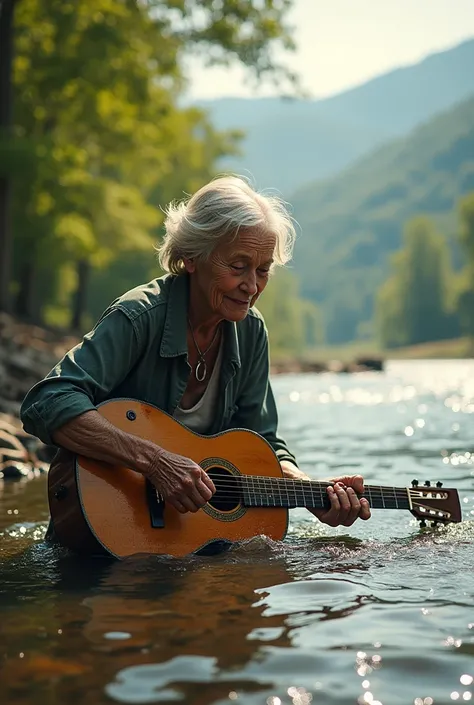 (best quality, masterpiece, ultra detailed, ultra high res, photorealistic, raw photo, absurdres, absolutely resolution), (((Unconventional grandma washes guitar in the river)))