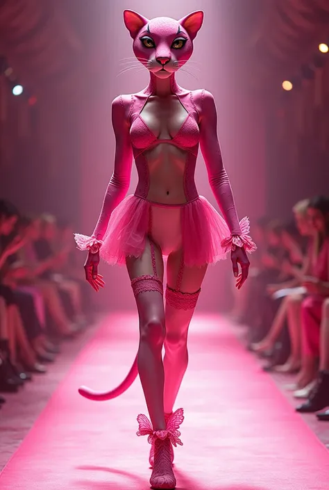 Anthropomorphic pink leopard model，Walking on the catwalk with a lively and sexy pace，The eyes reveal the cunning and charm unique to the Pink Panther。Their movements are smooth and rhythmic.，It&#39;s like performing a fashion dance about Pink Panther。The ...