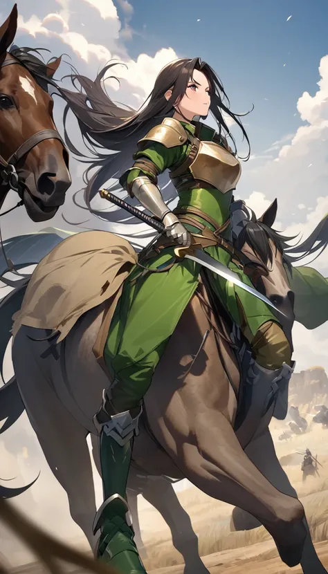 Ultra-high definition image quality、beautiful girl、Woman warrior、Female Swordsman、Light Armor、Green Boots、Long Hair、Knight&#39;s Hair Ornament、Black Hair、20-year-old、Be confident々face、Very short tight skirt、Sexy posture、Cowgirl、wilderness、Highest quality,B...