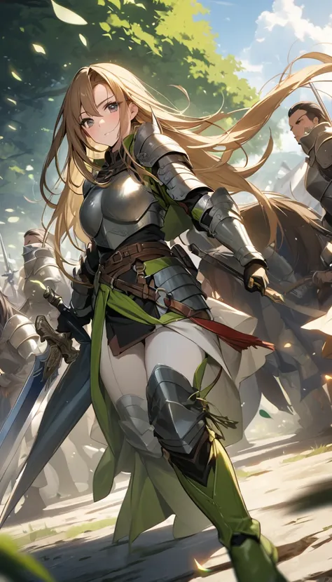 Ultra-high definition image quality、beautiful girl、Woman warrior、Female Swordsman、Light Armor、Green Boots、Long Hair、Knight&#39;s Hair Ornament、Black Hair、20-year-old、Be confident々face、Very short tight skirt、Sexy posture、Cowgirl、wilderness、Highest quality,B...