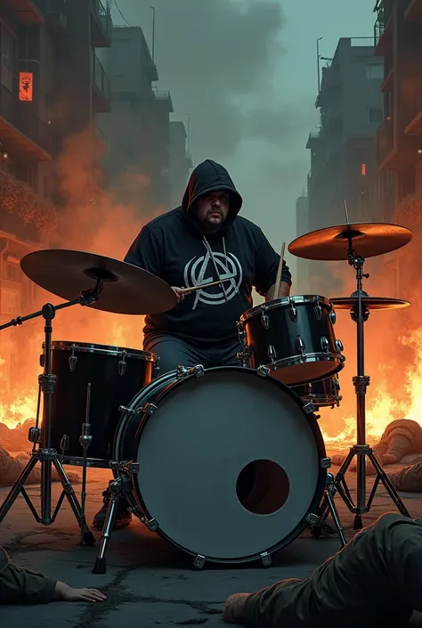 Half-fat drummer dressed in a hoodie, blouse with anarchy symbol print, playing on his complete black two-tone drum kit, in the street of the war-torn city and in flames at night,  bodies of dead soldiers lying on the ground, smoke 