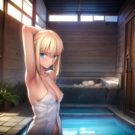 High resolution, 最high resolution,high resolution,{Things to know_f de stay night ufotable:1.15}, Rubio_ Best Quality, masterpiece, フルnude,Sweatだく,Blushing,smile,Armpitアップ,Sweat,Armpitを広げて見せている,bed,Moist,Blonde,whole body,pubic hairあり,Love juice,Armpit,sid...