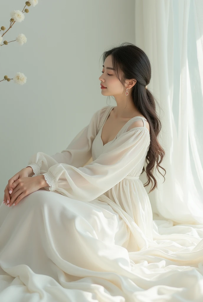 Korean woman in white dress lying down with her hands on her feet 