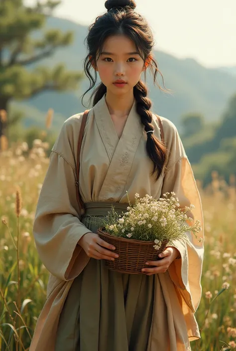 A young Asian shepherdess dressed simply, Rustic costumes, Holding a small basket of flowers or herbs, Symbolizes her connection with nature.