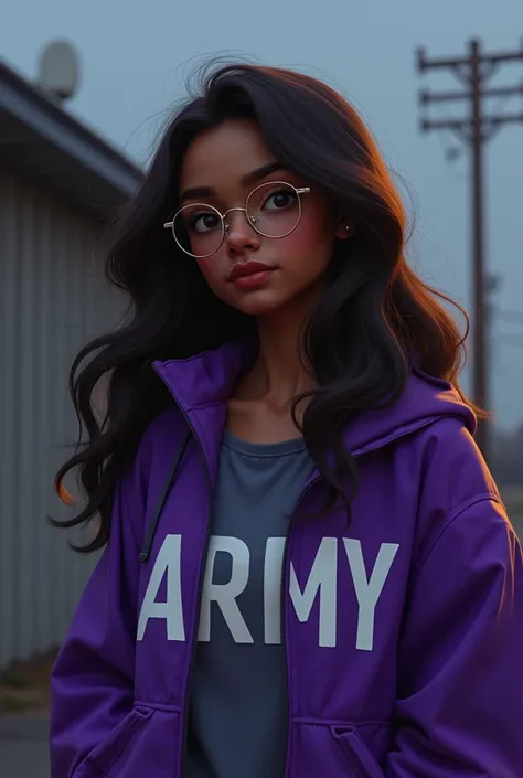 Dark skinned teenage girl with long brown hair and glasses wearing a purple jacket that says ARMY 