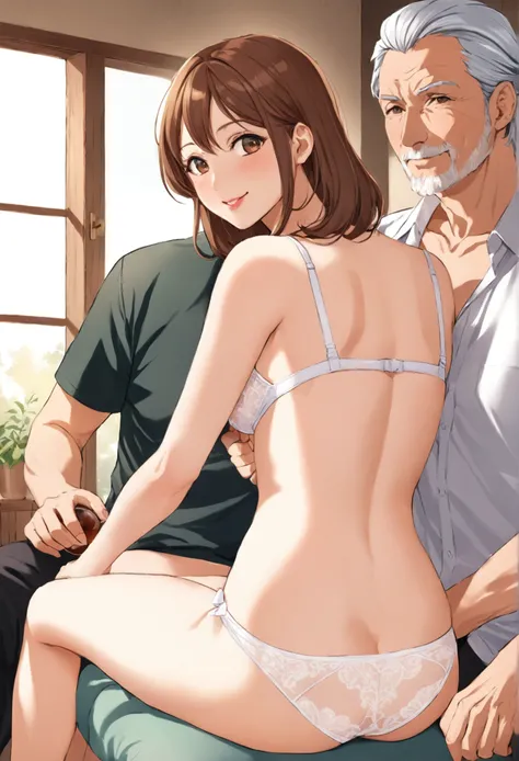 score_9, score_8_up, score_7_up, source_アニメ, 1male, 1girl, mature female，beautiful housewife, woman and husband, Skinny old male，old bold、 be man，Triangle, smile, looking at viewer, The mother is sitting, man is clinging on the female, white transparent cl...