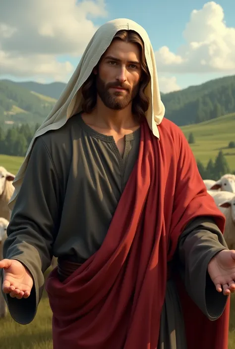 Create an image of Jesus, the Good Shepherd, wearing a rustic tunic in dark gray, a red cloak with sleeves and a white veil over the head.