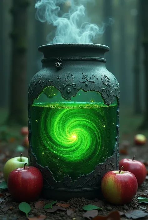 Large witch&#39;s jar with a green potion and smoke falling out of it and dark red and green apples around it