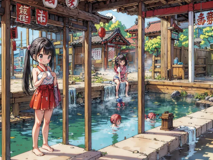 ((masterpiece、highest quality))、cute girls gather、three girls in summer clothes、((showa retro:1.2、hot spring town、hot spring fac...