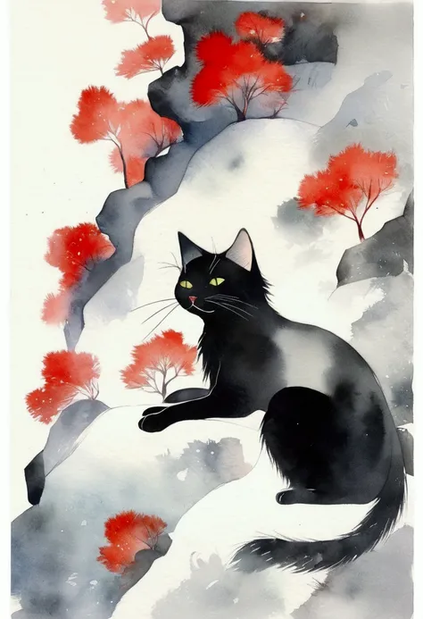 Lovely, Cat, White background, Programming, Red Cliff,  Fluffy fur, watercolor, 和Cat, 黒Cat, 子Cat, one