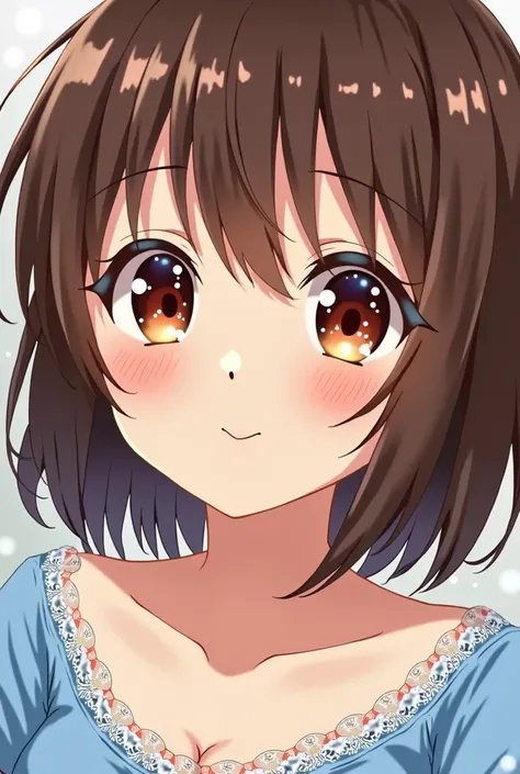 “A close-up portrait of a young anime girl with brown hair and large, expressive orange-red eyes. She has a slight blush on her cheeks, giving her a shy or emotional expression. Her hair is shoulder-length with bangs, and she wears a blue, lace-trimmed top...