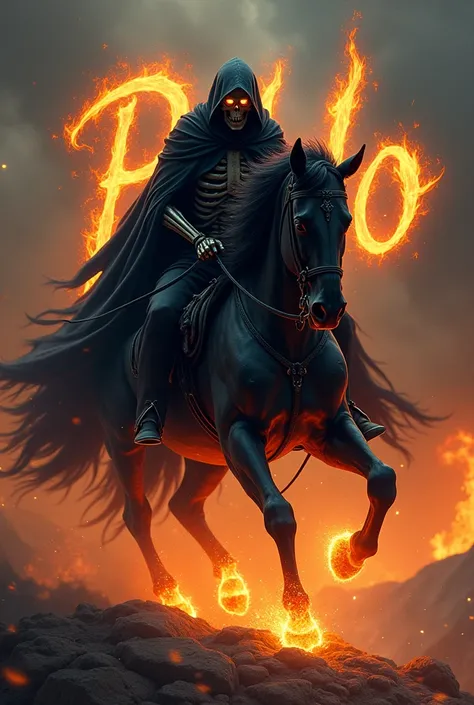 Death riding a black horse with flames that says Pablo in the background 