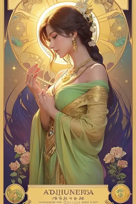 "Please create an image in the style of an Alphonse Mucha poster. The layout should resemble a mystical fortune-telling card with a serene and mysterious color palette. The image should include elements such as the Gladiolus flower, the gemstone Peridot, t...