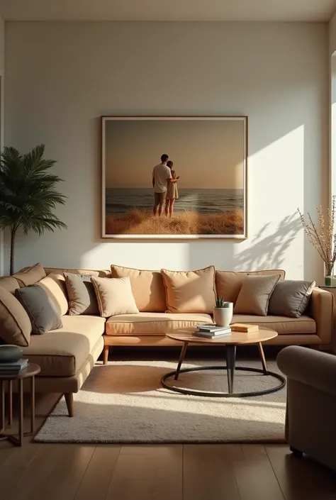 A wide shot of the final, edited photo now beautifully displayed in the same living room setting as in the opening scene. The camera pans slowly across the room, focusing on the photo with gentle lighting, evoking a sense of peace and closure. Camera: Sony...