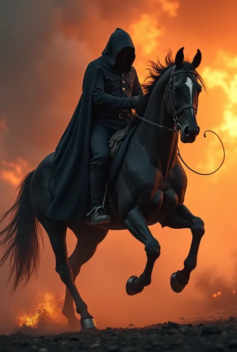 Dark rider riding a black horse with flames that says Pablo in the background 