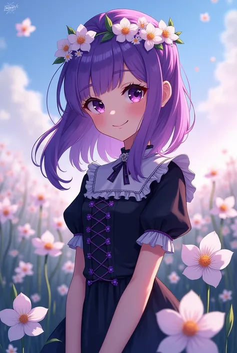 a girl with purple hair, A crown of flowers, dark purple slanted eyes, Victorian style black dress with purple details and fluffy short sleeves, smiling in a field of white flowers, Boku no hero academia style