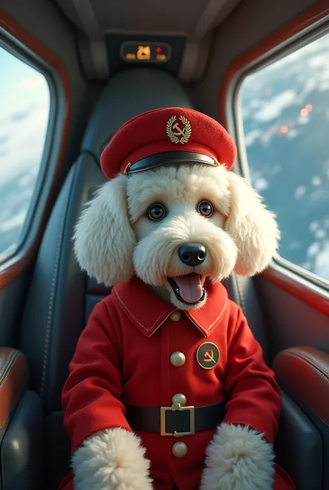 Furry poodle dog in communist outfit traveling in a rocket to the moon