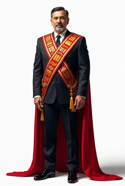 It has a drawing of a president of Peru with his presidential sash on a white background