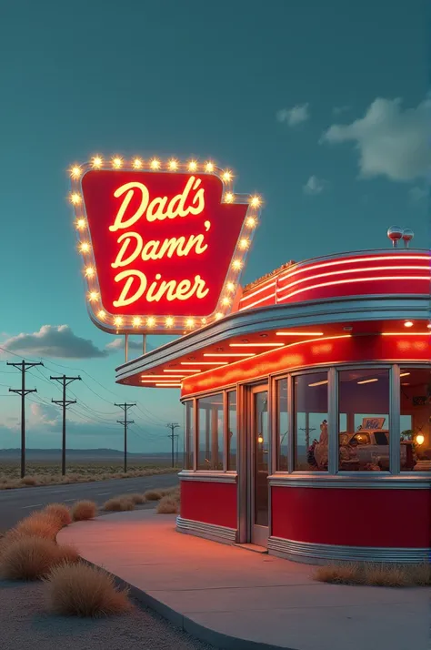 A greasy spoon diner with the color scheme or red and white on the side of the road. The sign is lit up with white dotted light all around the border. It says “Dad’s Damn’ Diner!” 