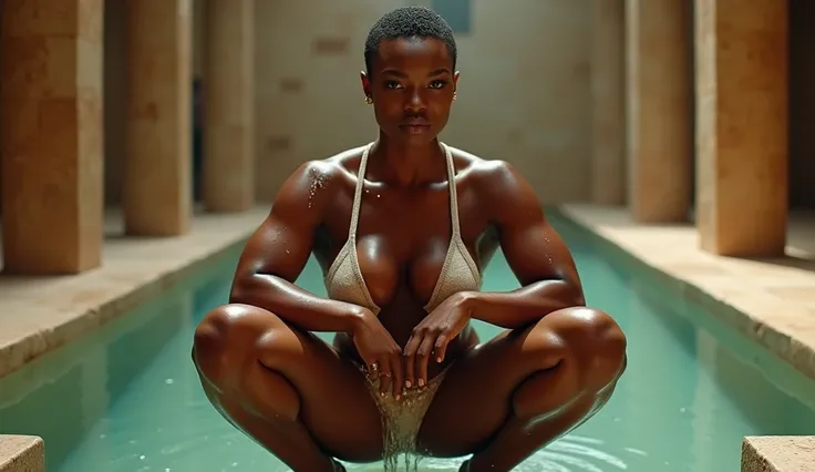 40yo,Portrait of a sexy black woman with large breasts and clammy skin, short hair, corps entier, jupe moulante blanche, chemise rose, high resolucion,、(squatting,open_legs),in The public bathhouse、(masterpiece, best quality, highres, UHD, perfect pixel, d...