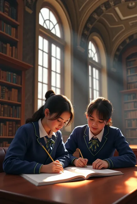 15 year old male and female students in dark blue uniform, Colombians studying in a hyperrealistic library