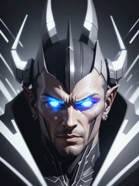 a man with futuristic horns, horned humanoid, cyborg, android, artificial human, science fiction, hyper-detailed, hyper-realistic, cinematic lighting, dramatic lighting, chiaroscuro, epic, intricate details, hyper-realistic skin textures, hyper-detailed fa...