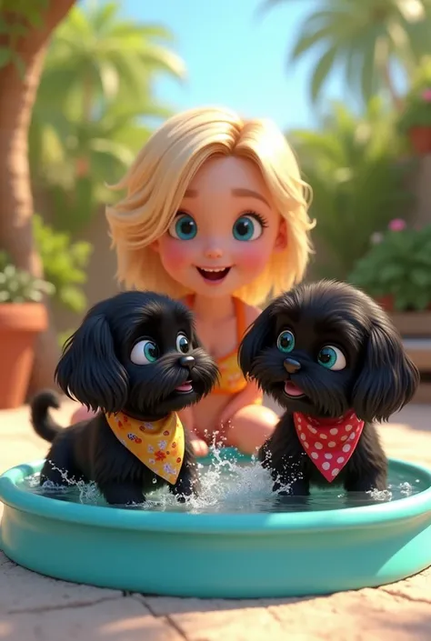 2 adorable black shih tzu puppies with bright blue eyes wearing a bandana, cute blonde girl with big blue eyes wearing a bikini, playing in a baby pool 3D Pixar style