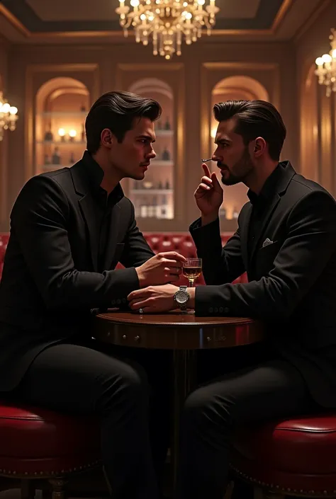 A handsome cowboy man sitting in a bar in black clothes and a cigarette in his hand, millionaire having a drink with a handsome gay man