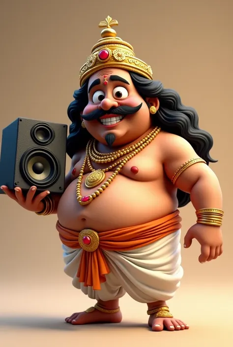 Appears to depict a 3D animated character,possibly modeled in the style of a traditional Indian royalty or deity, with exaggerated features for comical or friendly effect. The character is a smiling, wide-eyed, moustached male.He wears a gold crown adorned...