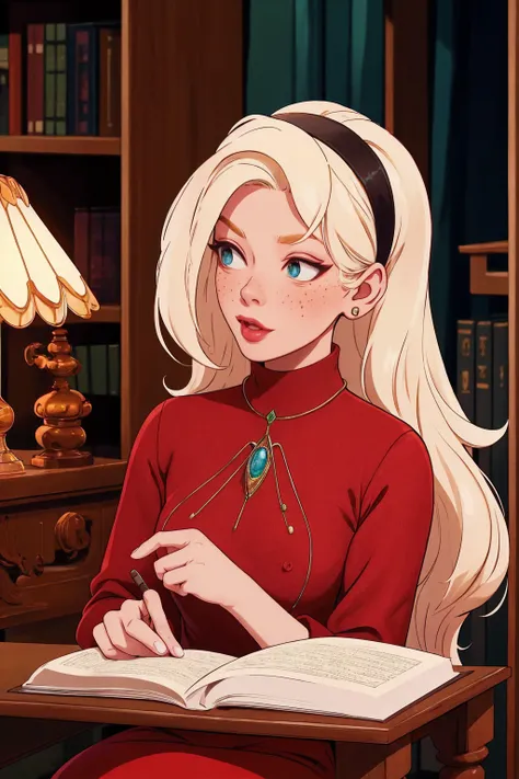 { masterpiece : best quality : high resolution : unity 8k wallpaper : illustration : beautiful detailed eyes : extremely detailed face : perfect lighting : extremely detailed CG } { in a dark creepy library } { Sabrina Spellman : : platinum blonde hair wit...