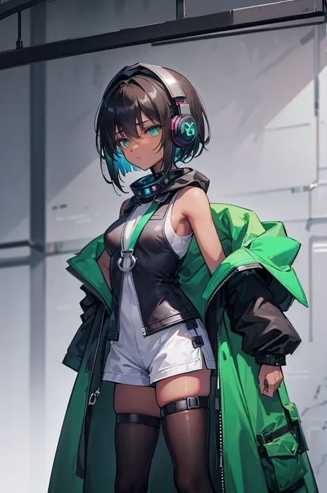 초상화, Face_through_torso, A small girl with dark skin and bright green eyes, an asymmetric head covering ones right eye. Her hair is a short, shoulder-length bob in brown. She wears cyberpunk-style headphones around her neck, a gray sleeveless shirt, and a ...