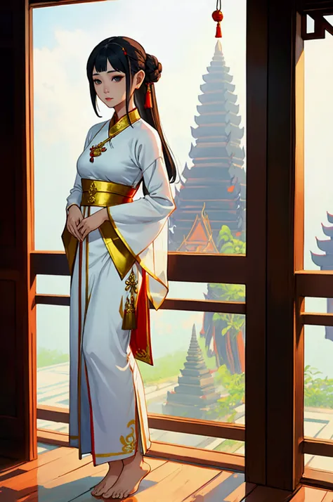 woman,Wear Thai clothes,Songkhong Hairstyle, No feet ,Priestess,Not,stand,Thai woman