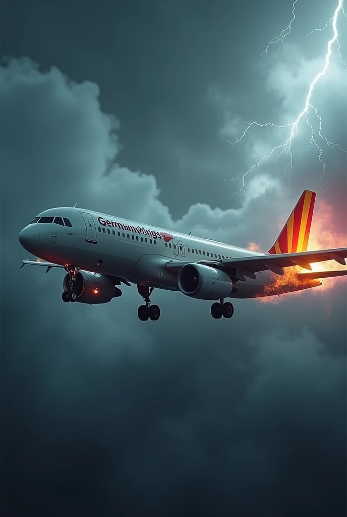 plane with livery "germanwings" and one of the plane&#39;s engines caught fire in the cloudy sky and lightning struck the tail of the plane