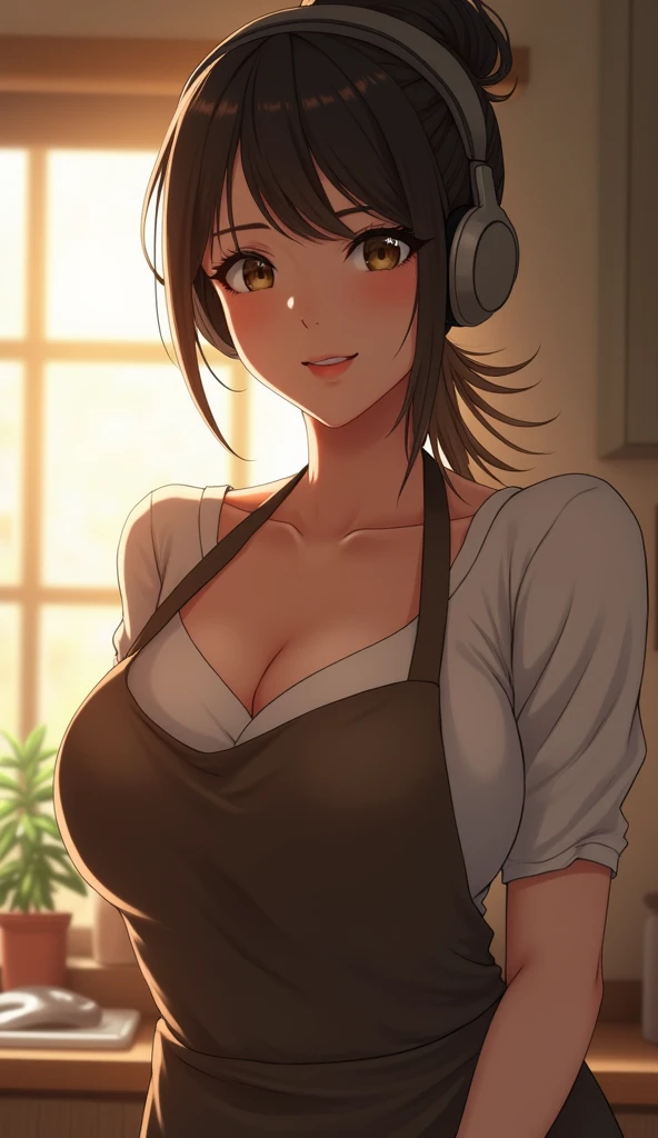 (((Highest quality)), ((masterpiece)), (detailed), One person, sexy、アイドルの可愛さのmasterpiece！A 30-year-old housewife、She is standing in the kitchen wearing headphones and an apron and cooking.。Dynamic lighting frames her round face.、Accentuates narrow eyes and...