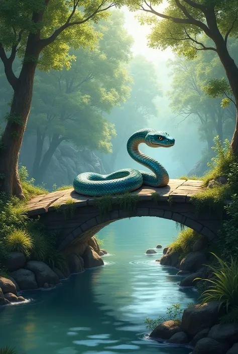 A big beautiful snake with blue eyes moving on a bridge 