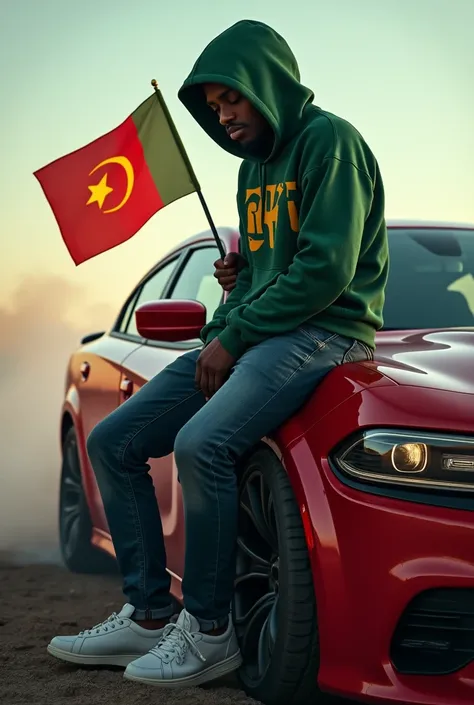 Je veux créer limage dun gars qui est assis le rebord gauche arrière de la portière dune Dodge charger srt qui est entrain de faire un drift. Le gars en question tient le drapeau du Sénégal et porte un pull à capuche. Il porte le capuchon du pull,son visag...