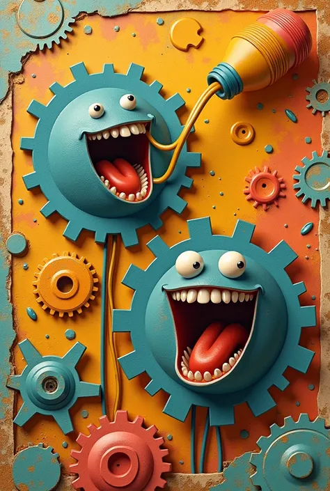 Generates a style image "collage" of a gear system on a cheerful background being sprayed by a bottle of oil above, The gears have INTERACTIVE HUMAN mouths in the middle and they open AS the oil flows down the outside of the gears themselves.. It&#39;s in ...