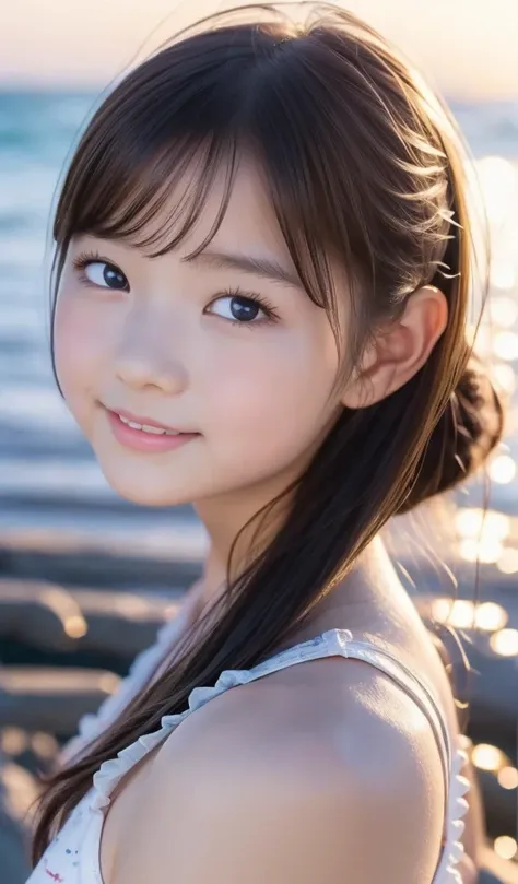 masterpiece, 8k, adorable, very pretty, adolescent, seaside,  japanese girl, (portrait, close-up:1.2), exposed forehead, scrunch...