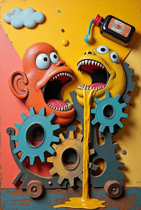 Generates a style image "collage" of a gear system on a cheerful background being sprayed by a bottle of oil above, The gears have INTERACTIVE HUMAN mouths in the middle and they open AS the oil flows down the outside of the gears themselves.. It&#39;s in ...