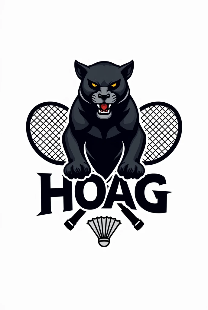 Create a badminton club logo theme blank panter with 2 crossed rackets and a shuttlecock with the club name "HOAG"