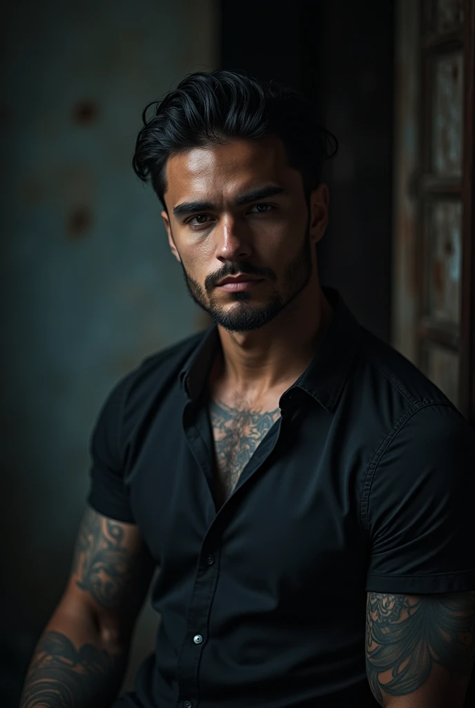 Make a cover image for a video with the title "My best friend&#39;s brother"with a man in the background VERY REALISTIC and dark,tattooed and very handsome white with straight black hair and strong arms and young. It makes it very dark and a kind of dark e...