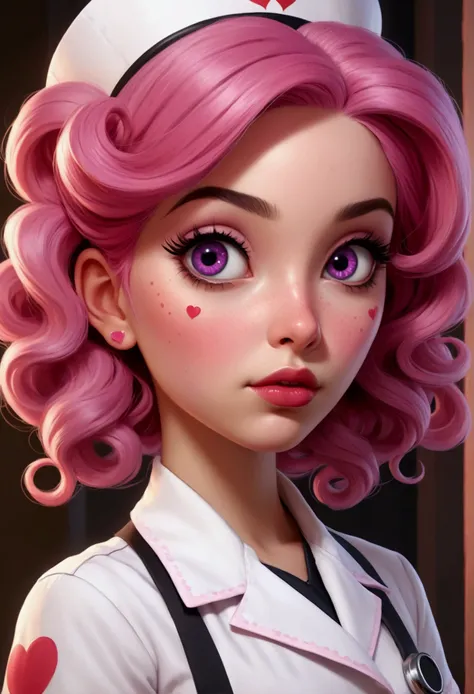 a girl from( cartoon style), pastel pink skin, Strong pink hair wavy and straight, little pink hearts on cheeks, Behind the hair is a black parasite with tentacles tangled in her hair.,purple slanted eyes with dark circles , thick red lips, , long eyelashe...