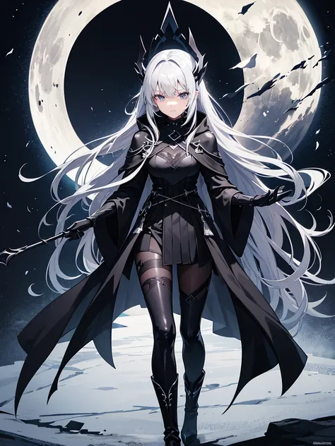 Nyx wears a long, flowing robe of dark, translucent fabric that appears to be made of shadows., with silver star embroidery on the edges. He wears a hood with a dark grey mask covering the upper part of his face., leaving his bright violet eyes visible. He...