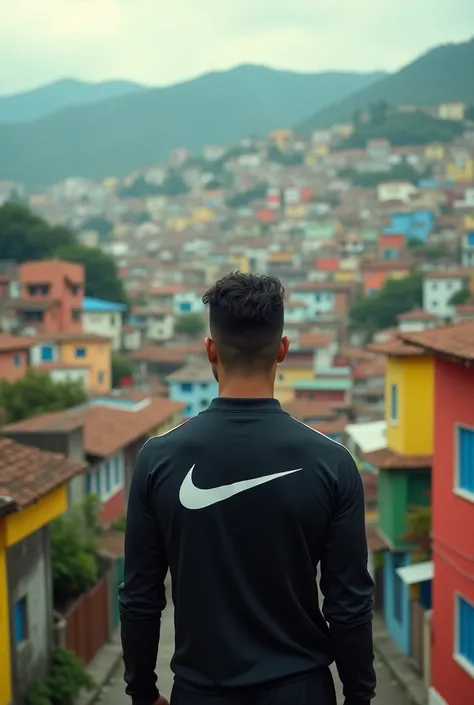 MC with his back turned looking at the favela wearing Nike clothes 