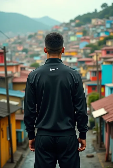 MC with his back turned looking at the favela wearing Nike clothes 