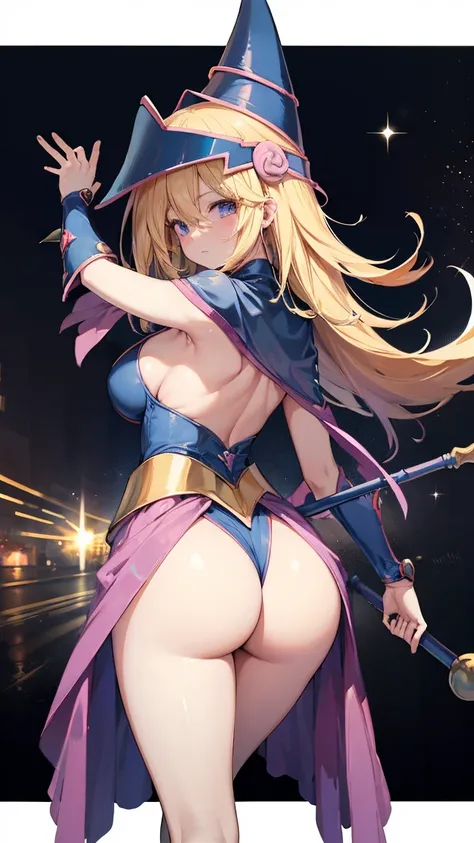 Black Magician Girl、T-back that digs into your ass、Accentuate your butt、Rear View、Super Breasts、Thick thighs、Blonde、magic circle、Magic wand