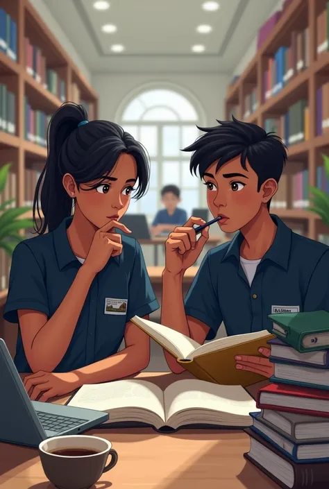 15 year old male and female students in dark blue uniform, Colombians studying in a library